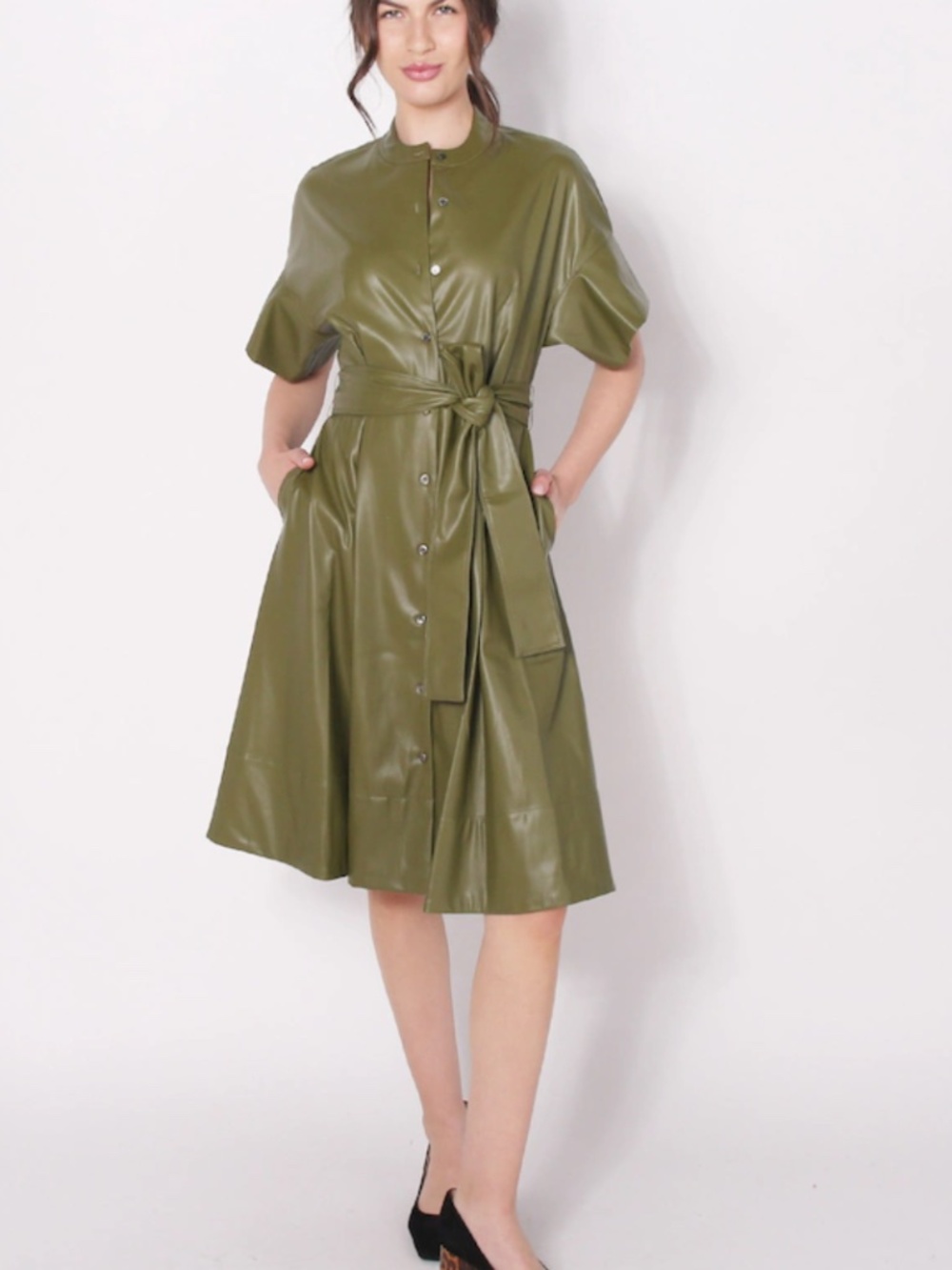 N Natori Faux Leather Short Sleeve Belted Dress Olive XL NWT